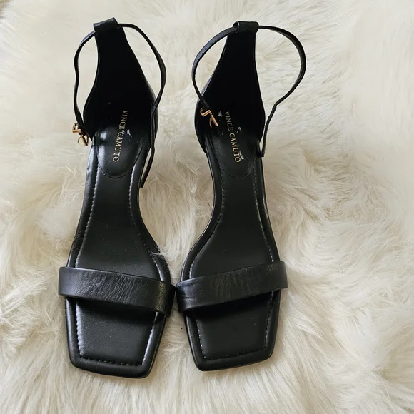 Vince Camuto Black Leather Ankle-Strap Kitten Heel Sandals - Picture 10 of 10